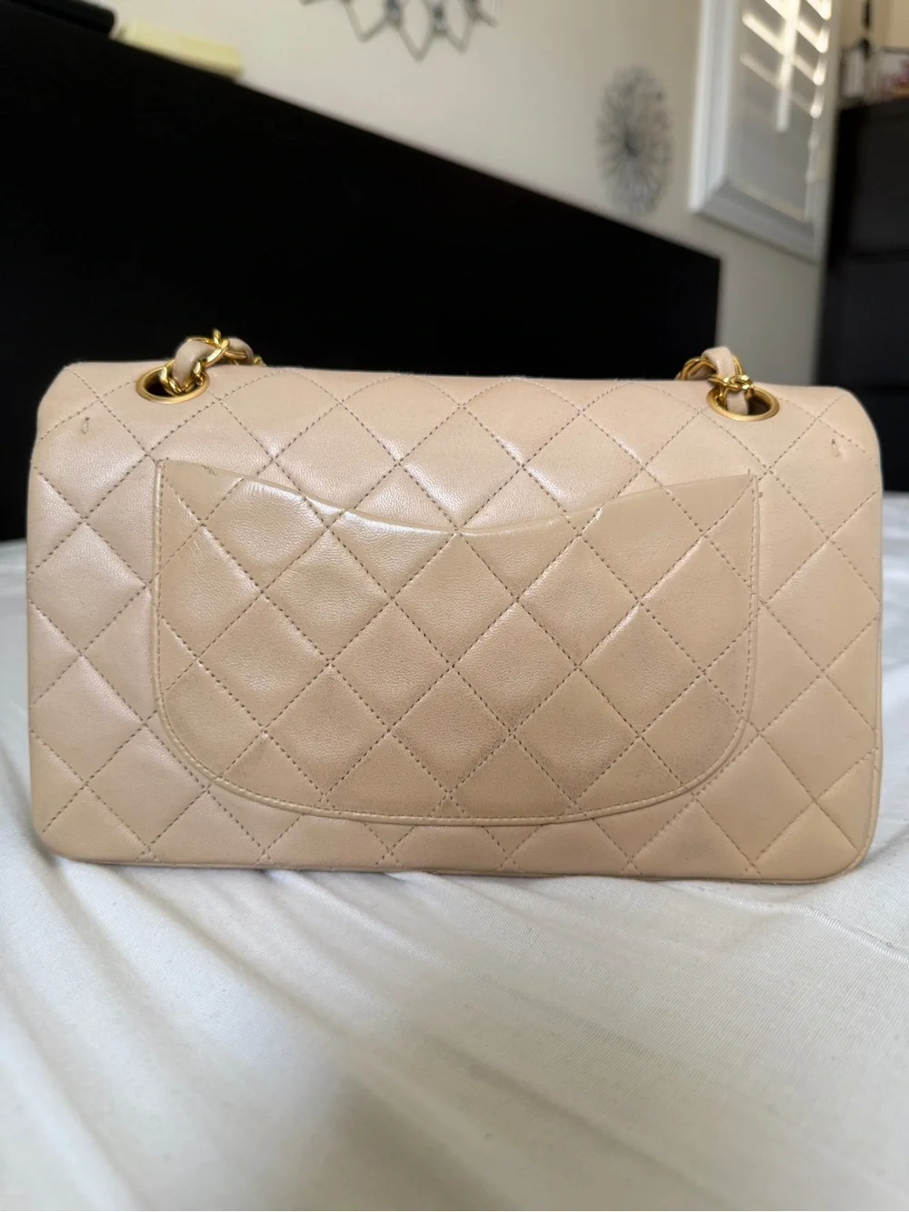 VIntage CHANEL Quilted Double Flap Shoulder Bag in Beige with Gold Hardware